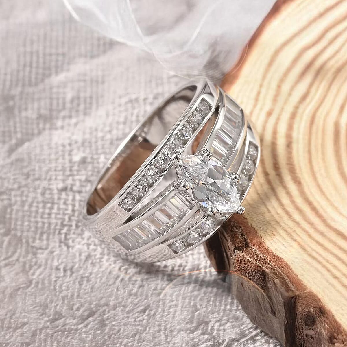 Simulated Diamond Band Ring in Sterling Silver, Three Row Simulated Diamond Ring, Engagement Rings For Women (Size 8.5) image number 5