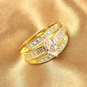 Simulated Diamond Band Ring in 14K Yellow Gold Over Sterling Silver, Three Row Simulated Diamond Ring, Engagement Rings For Women, Promise Rings (Size 6)