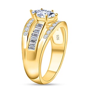 Simulated Diamond Band Ring in 14K Yellow Gold Over Sterling Silver, Three Row Simulated Diamond Ring, Engagement Rings For Women, Promise Rings (Size 6)