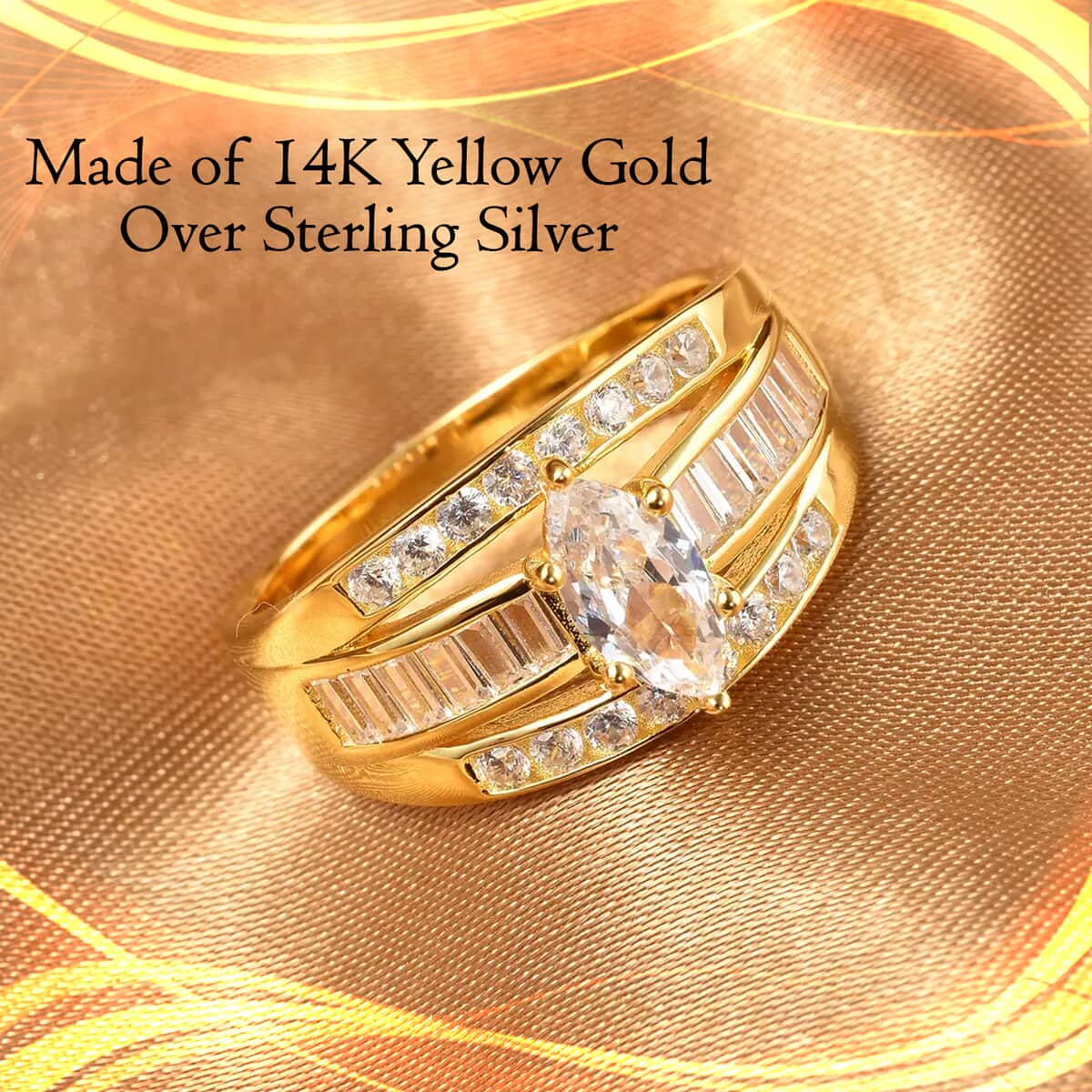 Simulated Diamond Band Ring in 14K Yellow Gold Over Sterling Silver, Three Row Simulated Diamond Ring, Engagement Rings For Women, Promise Rings (Size 6.5) 2.85 ctw image number 1