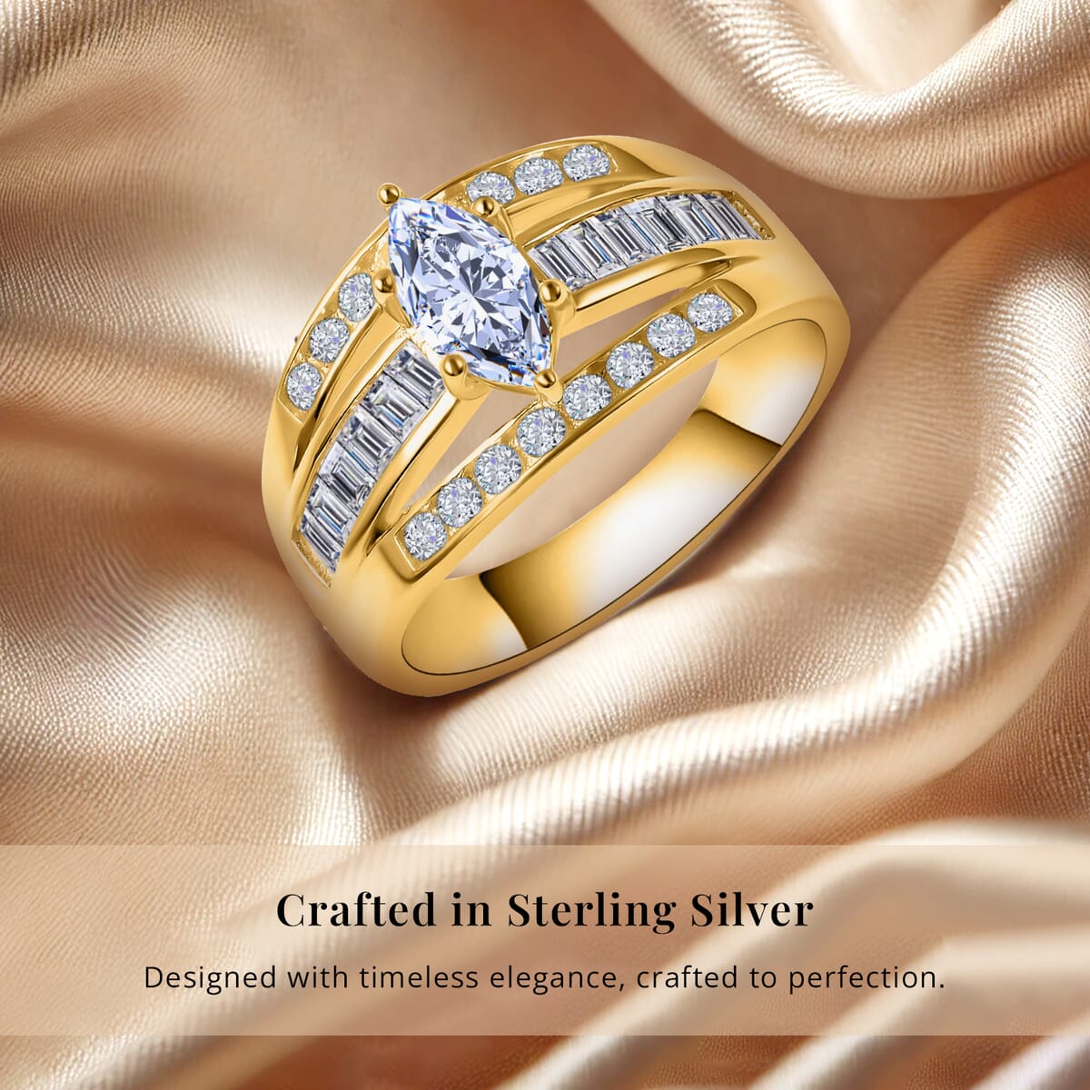 Simulated Diamond Band Ring in 14K Yellow Gold Over Sterling Silver, Three Row Simulated Diamond Ring, Engagement Rings For Women, Promise Rings (Size 9) image number 3