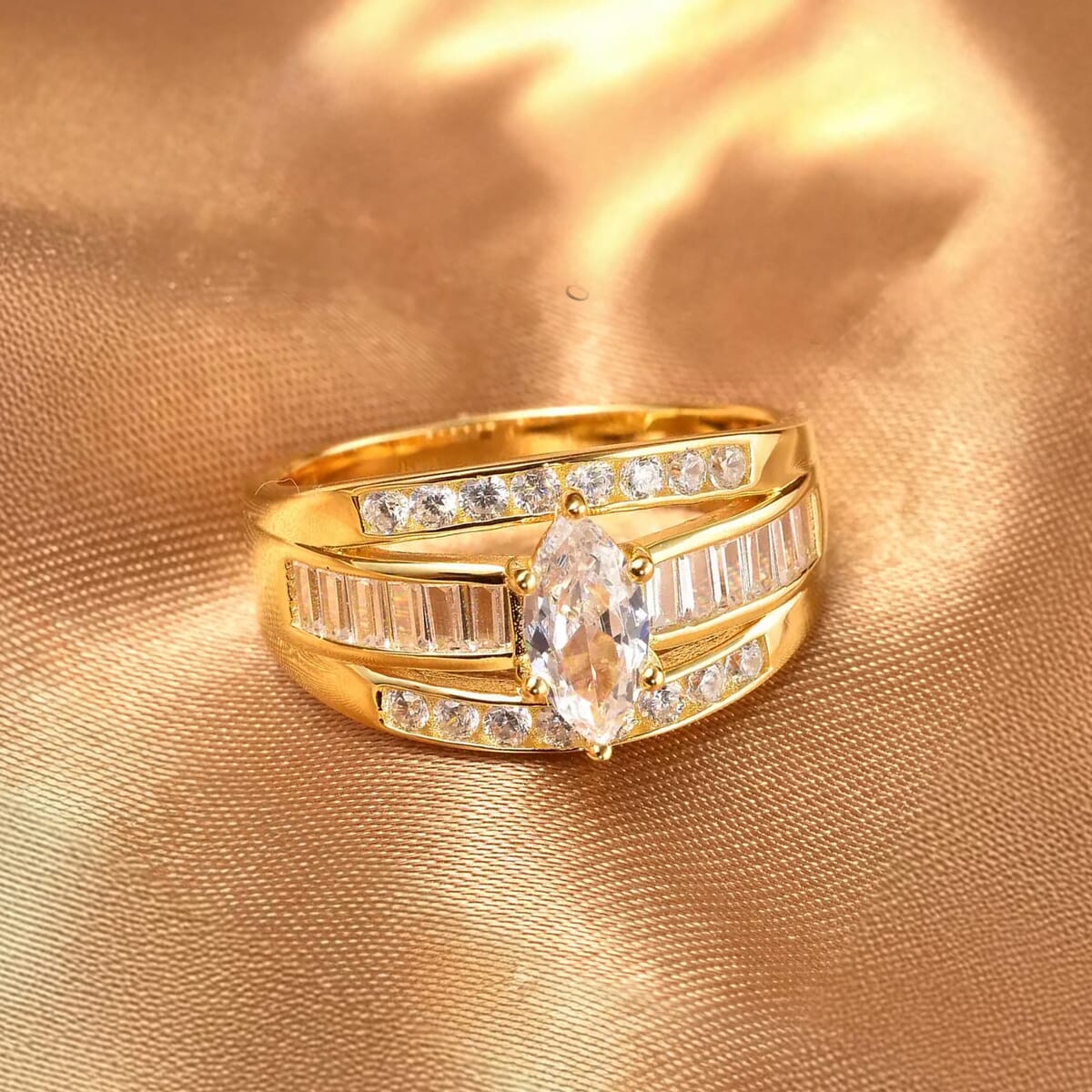 Simulated Diamond Band Ring in 14K Yellow Gold Over Sterling Silver, Three Row Simulated Diamond Ring, Engagement Rings For Women, Promise Rings (Size 9) image number 5