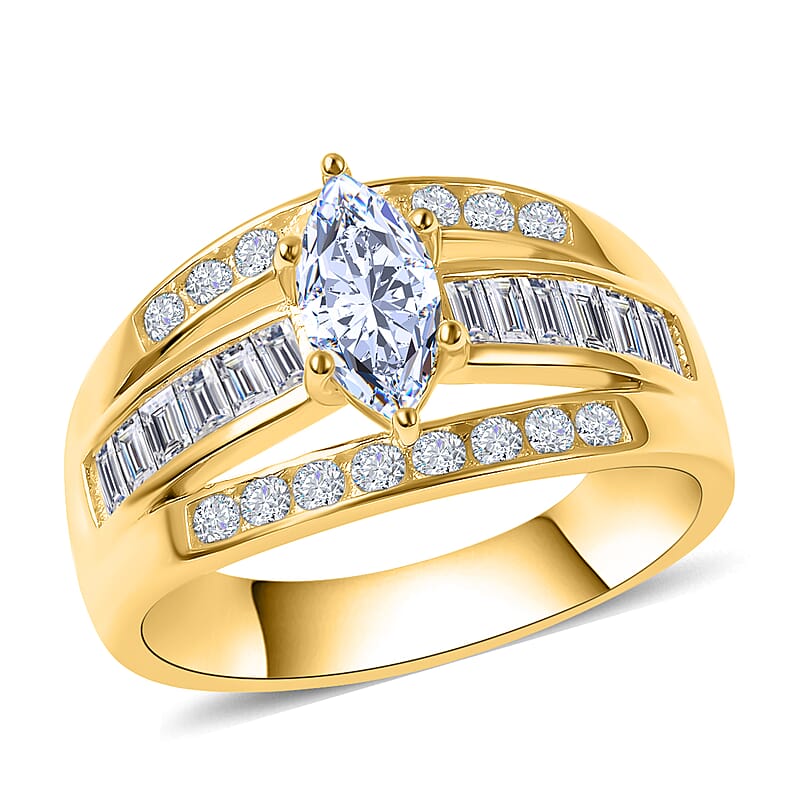Simulated Diamond Band Ring in 14K Yellow Gold Over Sterling Silver, Three Row Simulated Diamond Ring, Engagement Rings For Women, Promise Rings 3.00 ctw (Size 9)