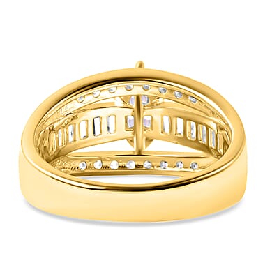 Simulated Diamond Band Ring in 14K Yellow Gold Over Sterling Silver, Three Row Simulated Diamond Ring, Engagement Rings For Women, Promise Rings 3.00 ctw (Size 9)