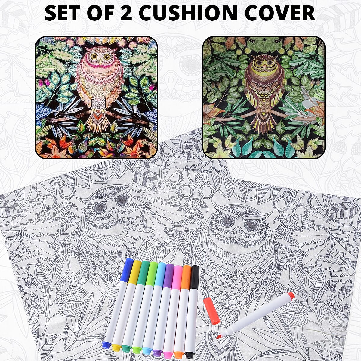 Set of 2 Secret Garden DIY Graffiti Coloring Cushion Cover (Owl) and Set of 10 Water Color Pens image number 1