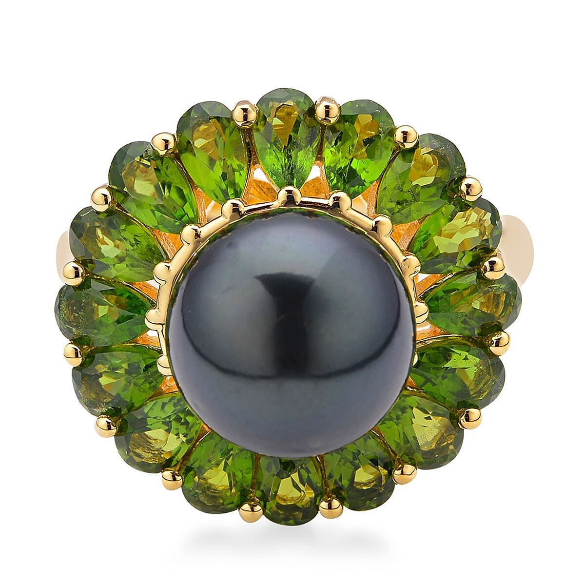 Tahitian Cultured Pearl and Chrome Diopside Flower Ring in Vermeil Yellow Gold Over Sterling Silver (Size 10.0) 3.65 ctw