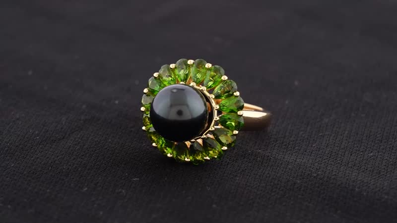Tahitian Cultured Pearl and Natural Chrome Diopside Flower Ring in Vermeil Yellow Gold Over Sterling Silver 4.15 ctw