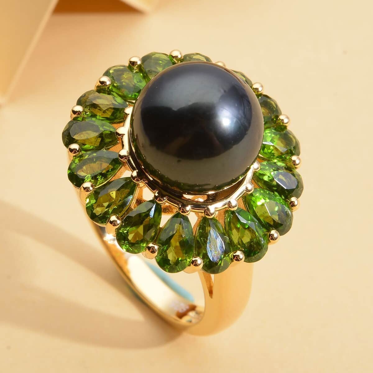 Tahitian Cultured Pearl and Natural Chrome Diopside Flower Ring in Vermeil Yellow Gold Over Sterling Silver 4.15 ctw image number 1