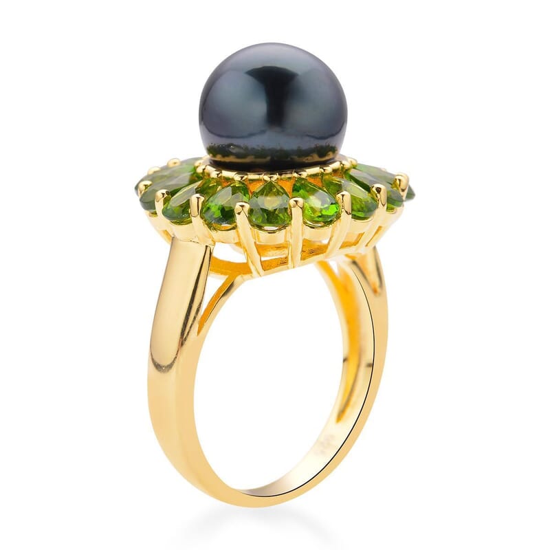 Tahitian Cultured Pearl and Chrome Diopside Flower Ring in Vermeil Yellow Gold Over Sterling Silver (Size 10.0) 3.65 ctw