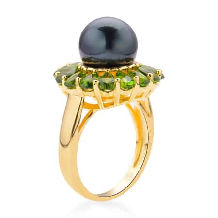 Tahitian Cultured Pearl and Chrome Diopside Flower Ring in Vermeil Yellow Gold Over Sterling Silver (Size 10.0) 3.65 ctw image number 3