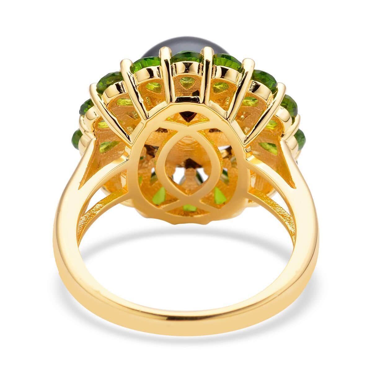 Tahitian Cultured Pearl and Natural Chrome Diopside Flower Ring in Vermeil Yellow Gold Over Sterling Silver 4.15 ctw image number 4
