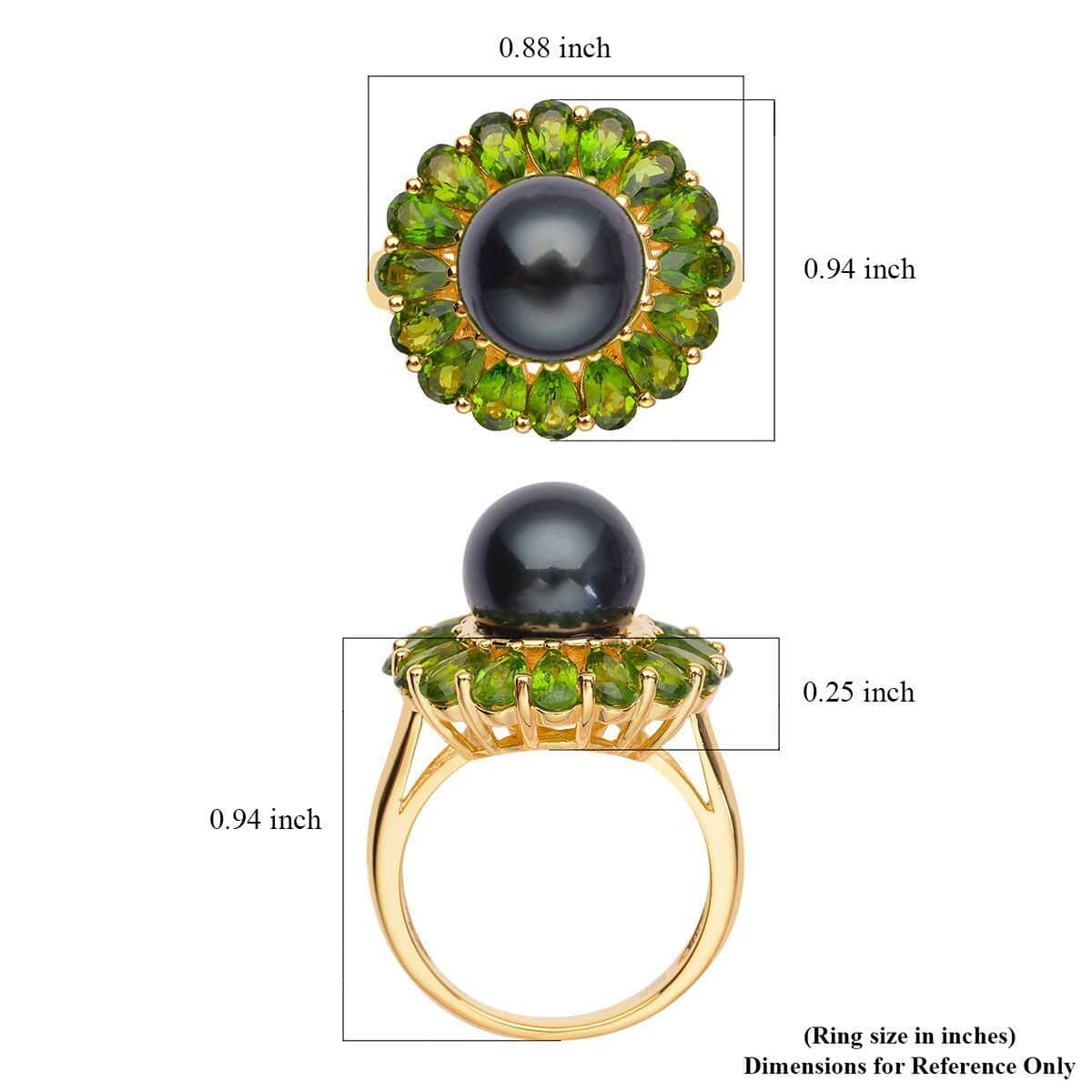 Tahitian Cultured Pearl and Natural Chrome Diopside Flower Ring in Vermeil Yellow Gold Over Sterling Silver 4.15 ctw image number 5