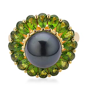 Tahitian Cultured Pearl and Chrome Diopside Flower Ring in Vermeil Yellow Gold Over Sterling Silver (Size 9.0) 3.65 ctw