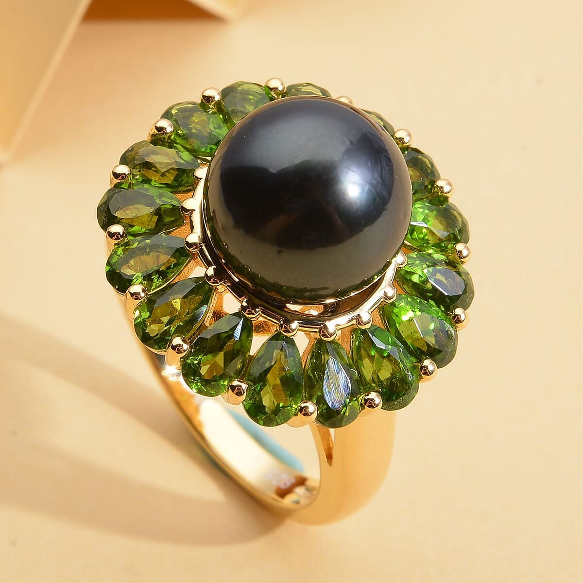 Tahitian Cultured Pearl and Chrome Diopside Flower Ring in Vermeil Yellow Gold Over Sterling Silver (Size 9.0) 3.65 ctw image number 1