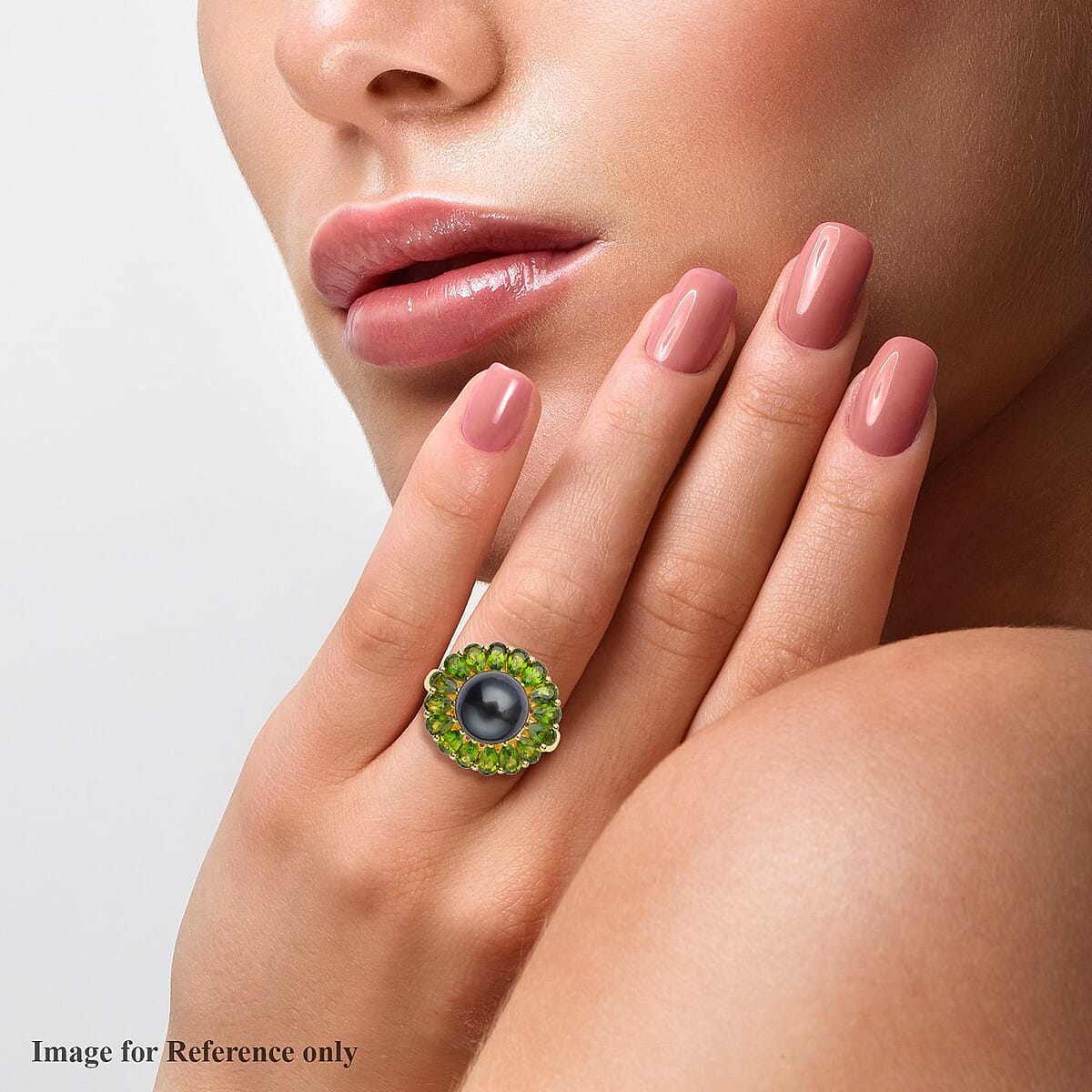 Tahitian Cultured Pearl and Chrome Diopside Flower Ring in Vermeil Yellow Gold Over Sterling Silver (Size 9.0) 3.65 ctw image number 2