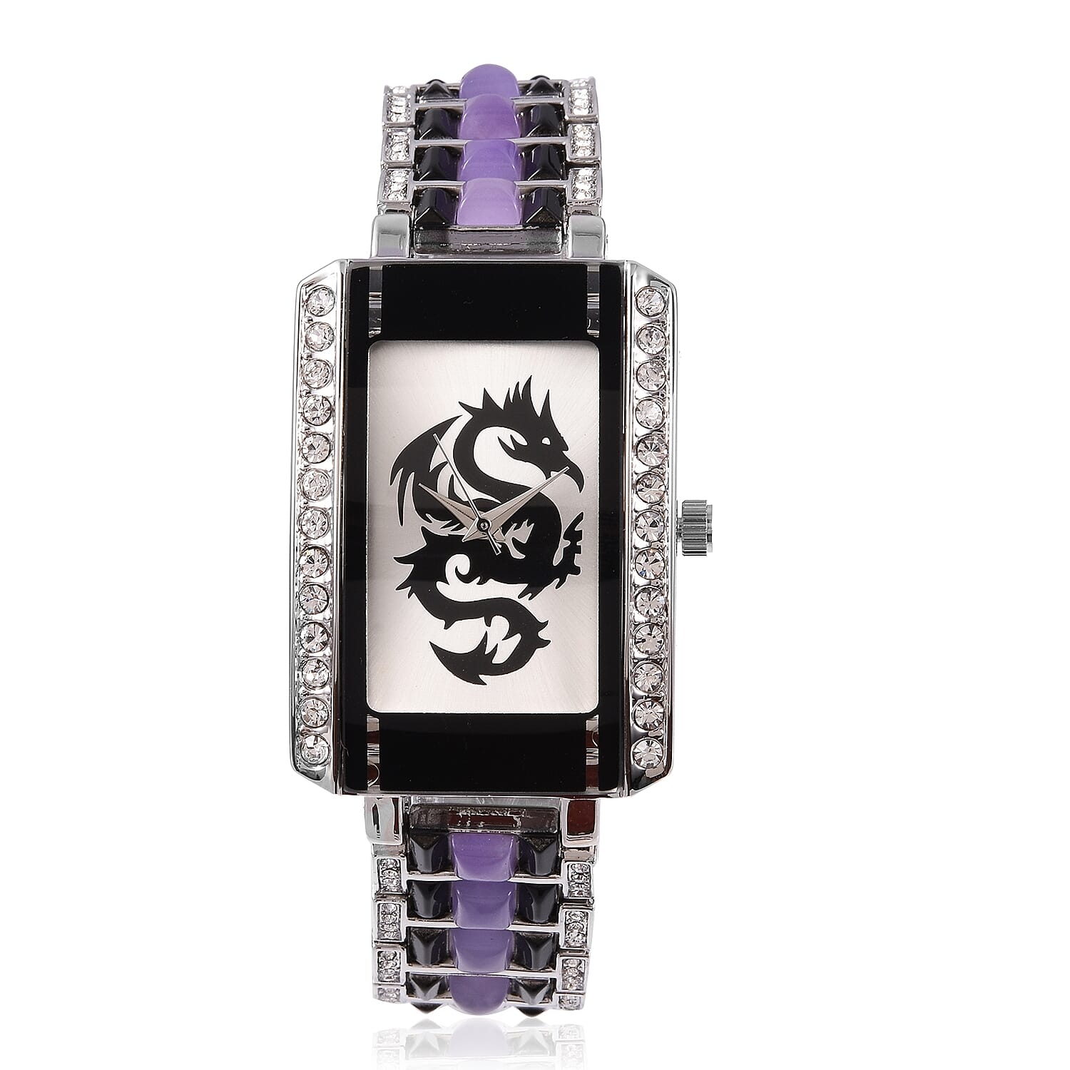 Genoa Austrian Crystal Miyota Japanese Movement Watch with Purple Jade (D) Band and Stainless Steel Back in Silvertone 8.70 ctw
