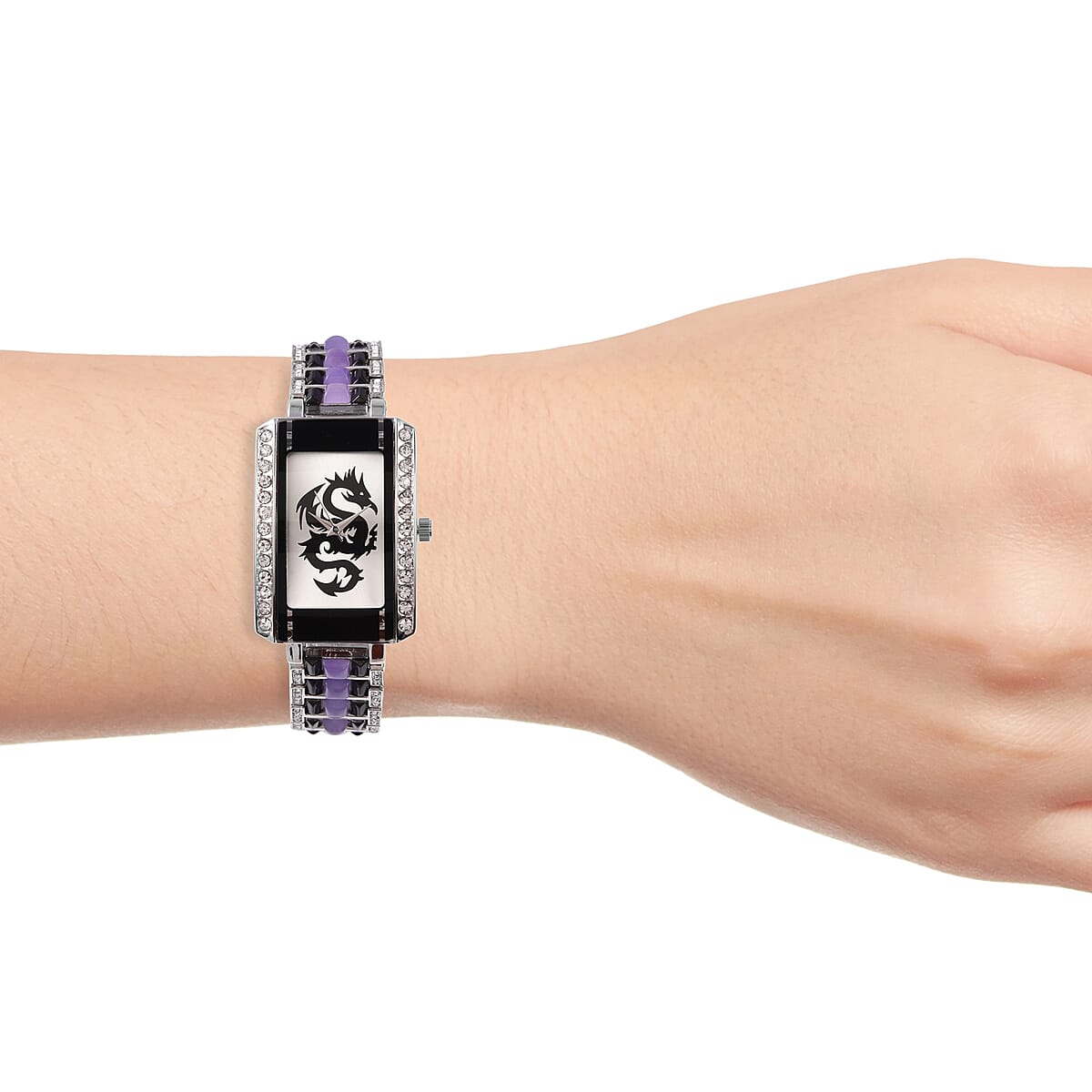 GENOA Austrian Crystal Miyota Japanese Movement Watch with Purple Jade Band and Stainless Steel Back in Silvertone 8.70 ctw image number 1