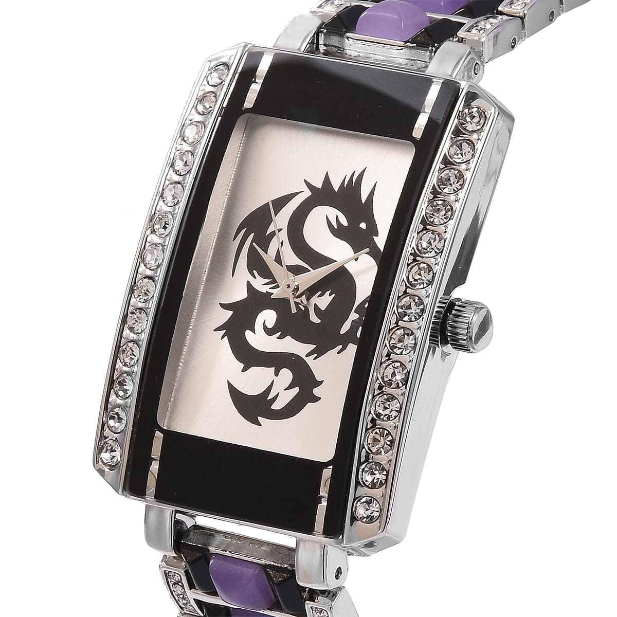 GENOA Austrian Crystal Miyota Japanese Movement Watch with Purple Jade Band and Stainless Steel Back in Silvertone 8.70 ctw image number 2