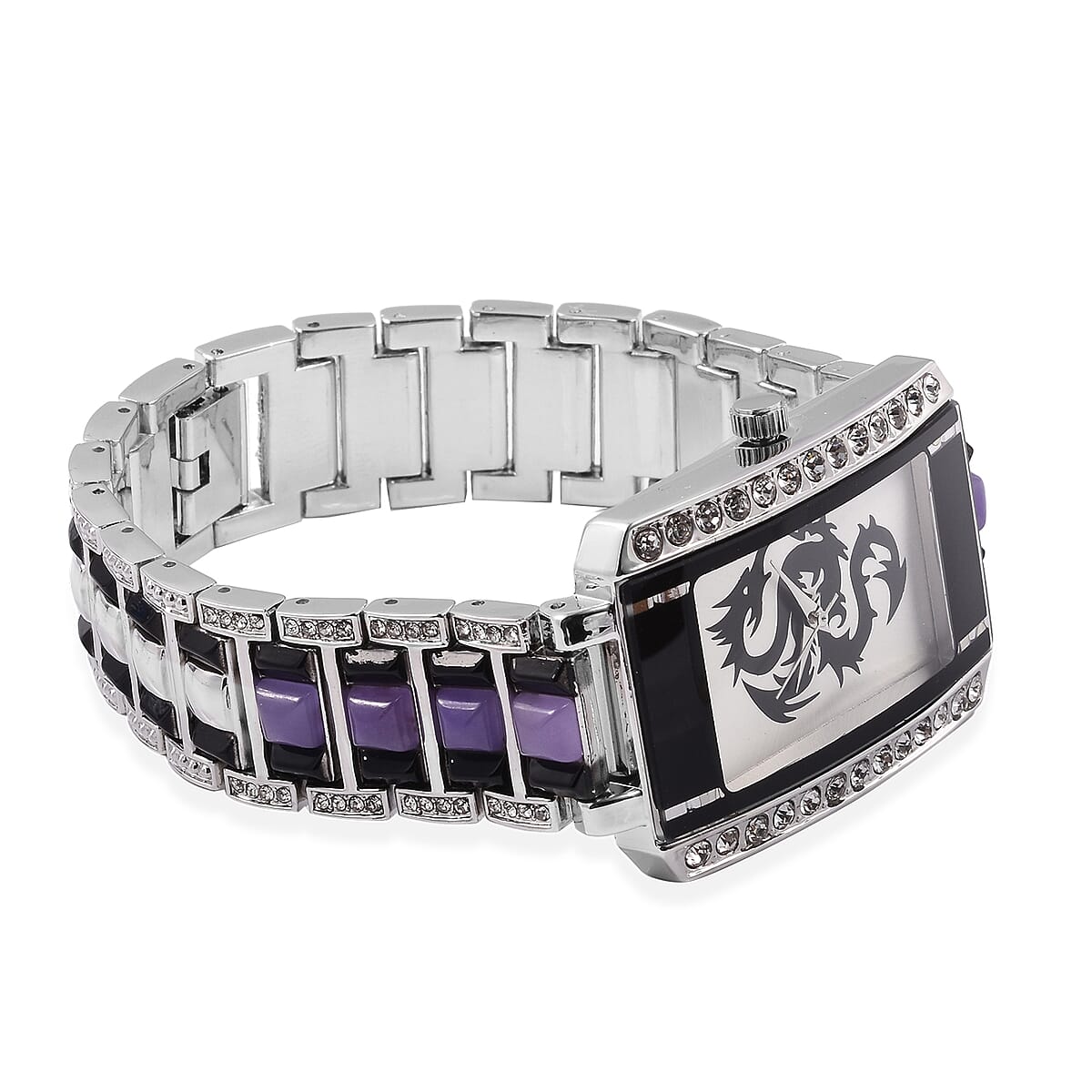 GENOA Austrian Crystal Miyota Japanese Movement Watch with Purple Jade Band and Stainless Steel Back in Silvertone 8.70 ctw image number 3