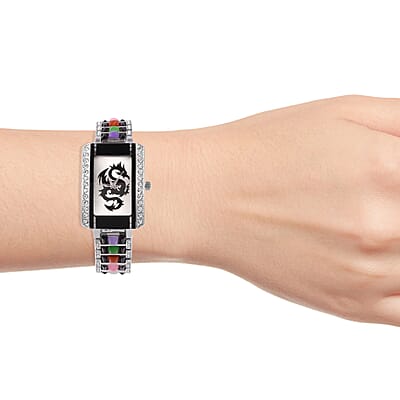 Genoa Crystal Miyota Japanese Movement Water Resistant Watch with Silvertone & Multi Color Jade (D) Straps and Stainless Steel Back 8.70 ctw