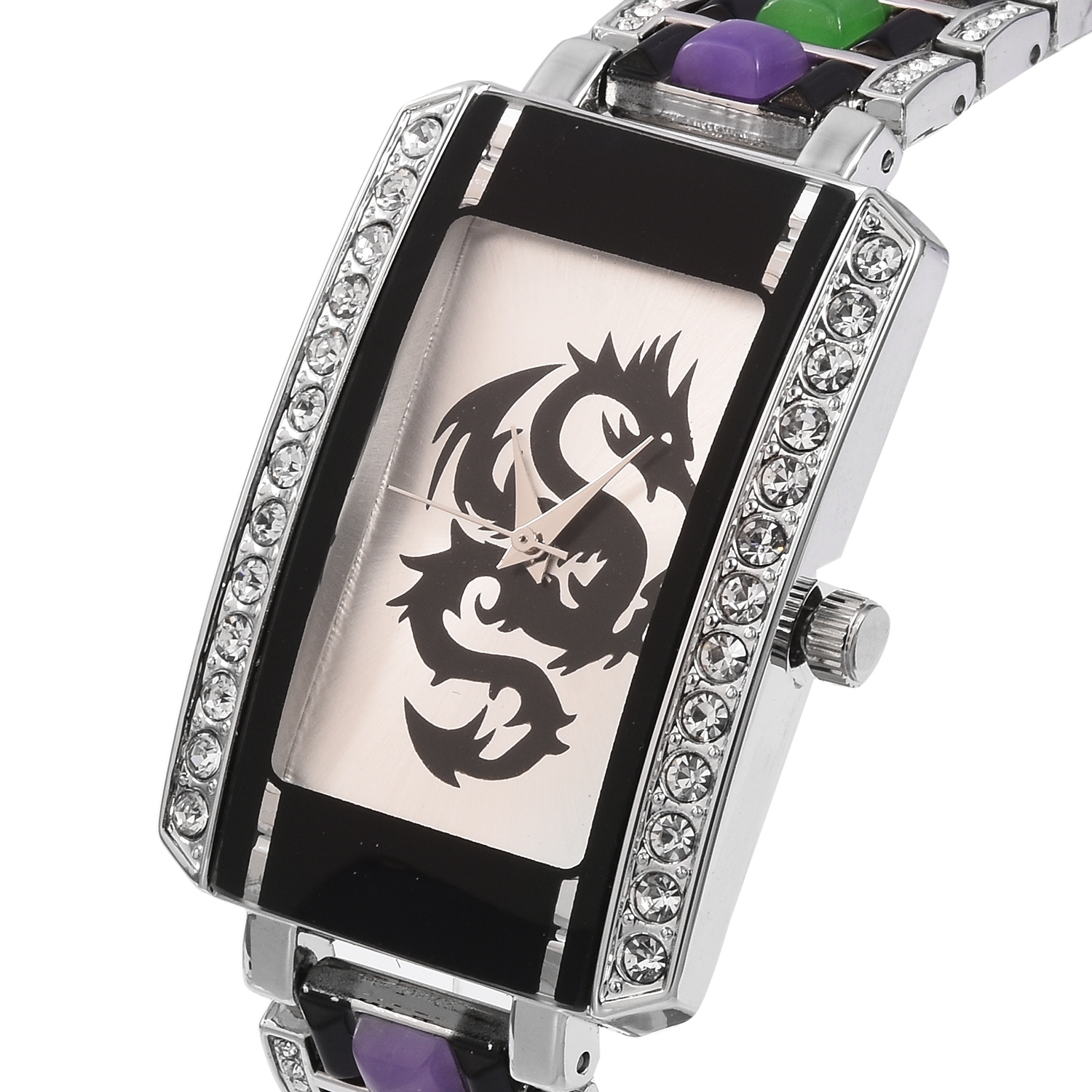 Genoa Crystal Miyota Japanese Movement Water Resistant Watch with Silvertone & Multi Color Jade (D) Straps and Stainless Steel Back 8.70 ctw