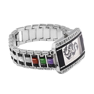 Genoa Crystal Miyota Japanese Movement Water Resistant Watch with Silvertone & Multi Color Jade (D) Straps and Stainless Steel Back 8.70 ctw