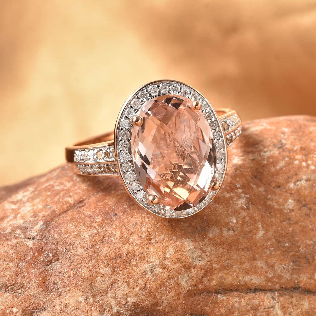 Luxoro 14K Rose Gold AAA Marropino Morganite, Natural Champagne and White Diamond I3 Ring (Size 10.0) 4.50 Grams 6.00 ctw image number 1