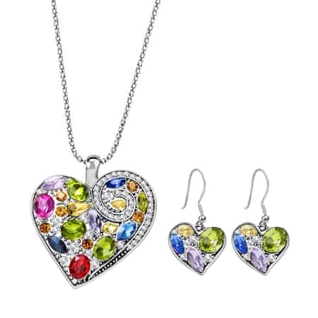 Simulated Multi Gemstone and Austrian Champagne Crystal Heart Earrings and Pendant Necklace (24-26 Inches) in Silvertone and Stainless Steel image number 0
