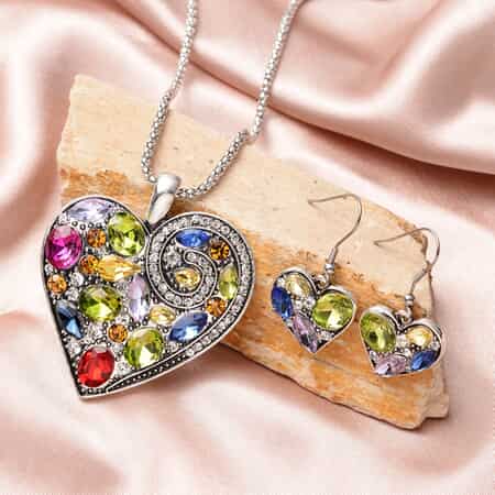 Simulated Multi Gemstone and Austrian Champagne Crystal Heart Earrings and Pendant Necklace (24-26 Inches) in Silvertone and Stainless Steel image number 1