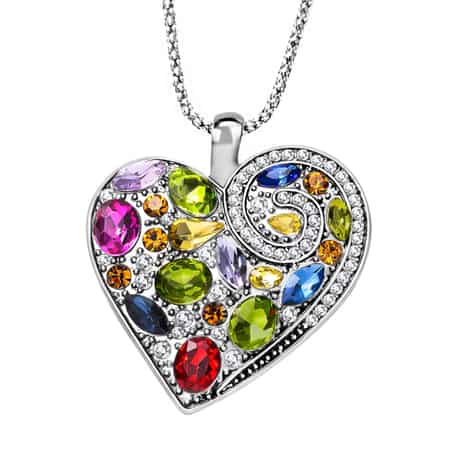 Simulated Multi Gemstone and Austrian Champagne Crystal Heart Earrings and Pendant Necklace (24-26 Inches) in Silvertone and Stainless Steel image number 2
