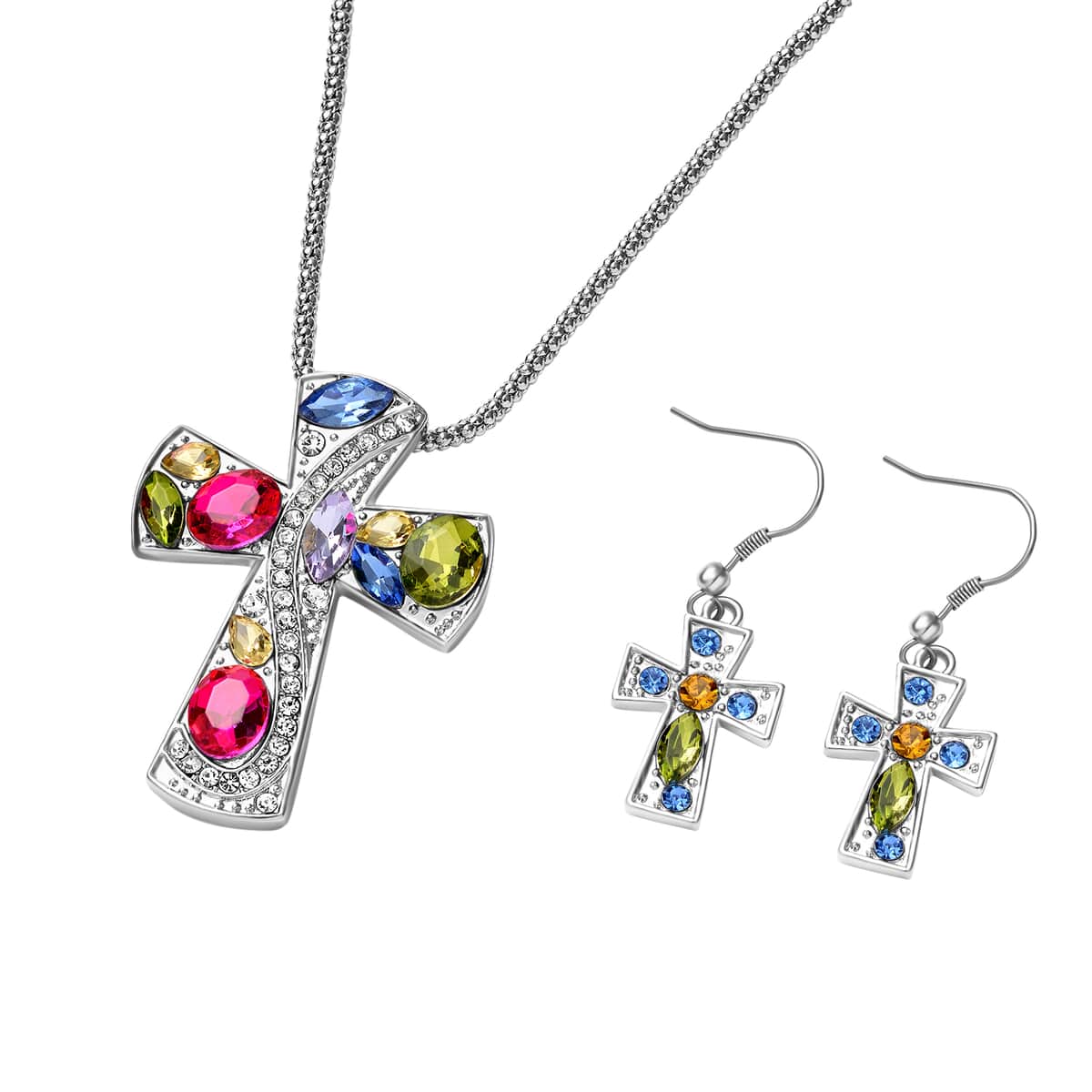 Simulated Multi Gemstone and Multi Color Austrian Crystal Cross Earrings and Pendant Necklace 24 Inches in Silvertone and Stainless Steel image number 0