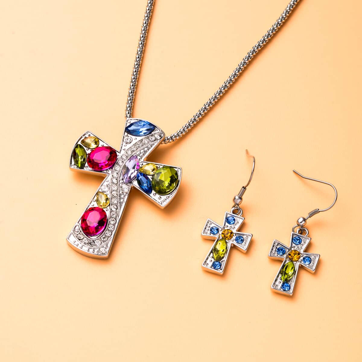 Simulated Multi Gemstone and Multi Color Austrian Crystal Cross Earrings and Pendant Necklace 24 Inches in Silvertone and Stainless Steel image number 1