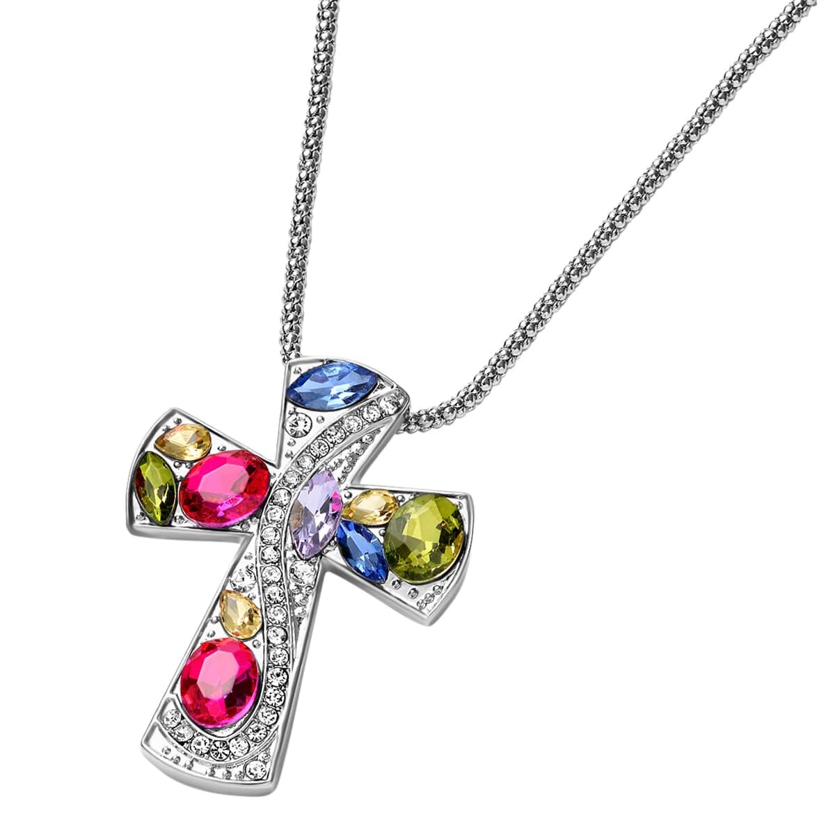 Simulated Multi Gemstone and Multi Color Austrian Crystal Cross Earrings and Pendant Necklace 24 Inches in Silvertone and Stainless Steel image number 2