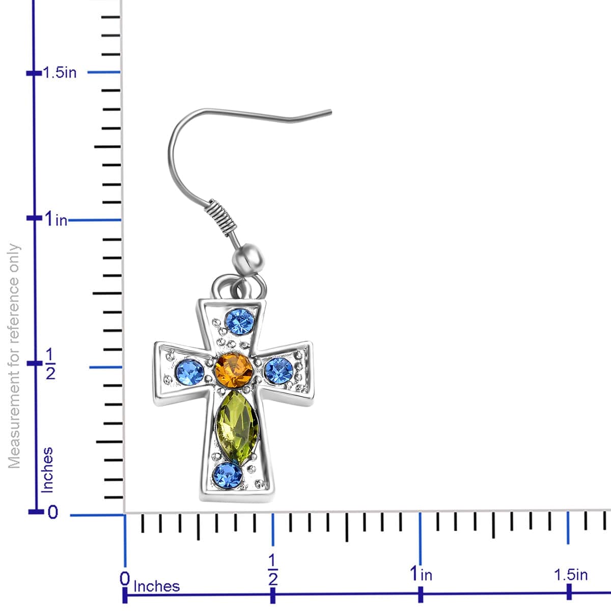Simulated Multi Gemstone and Multi Color Austrian Crystal Cross Earrings and Pendant Necklace 24 Inches in Silvertone and Stainless Steel image number 5