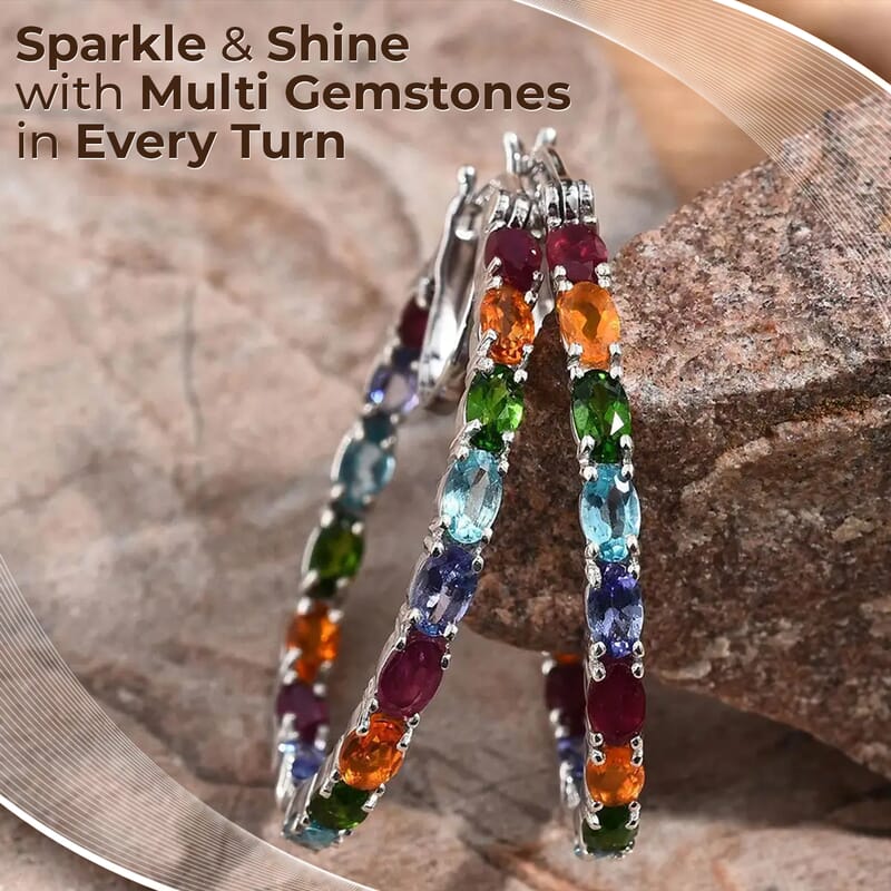 Multi Gemston 8.10 ctwe Earrings in Platinum Over Sterling Silver, Inside Out Hoops, Silver Earrings