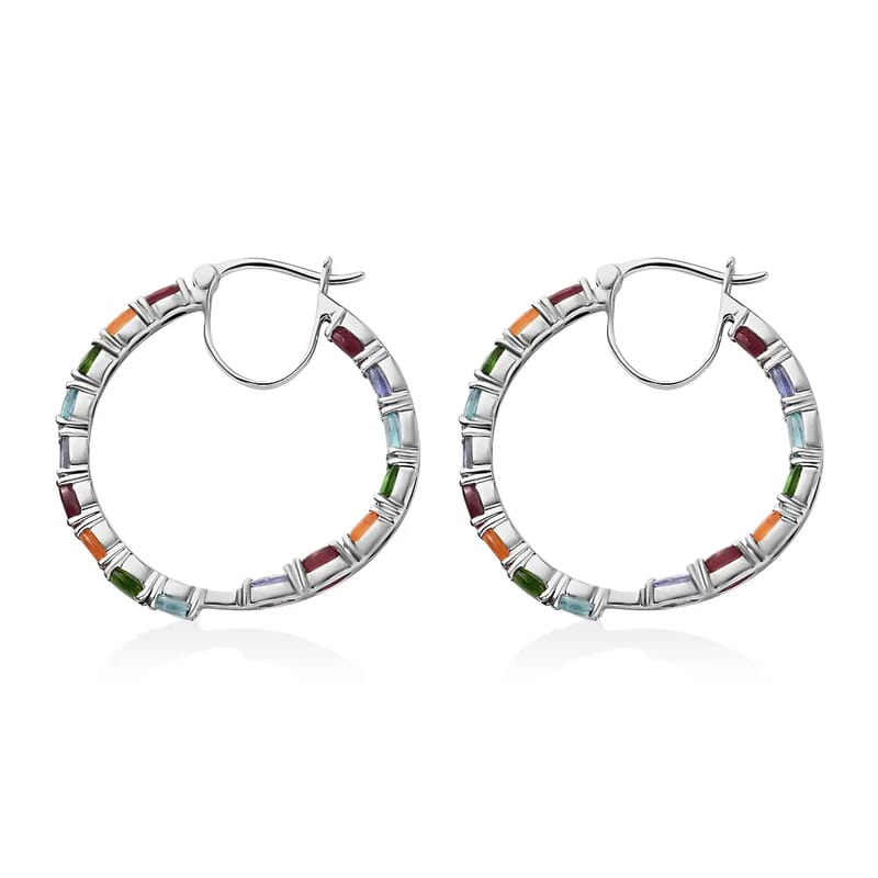 Multi Gemston 8.10 ctwe Earrings in Platinum Over Sterling Silver, Inside Out Hoops, Silver Earrings