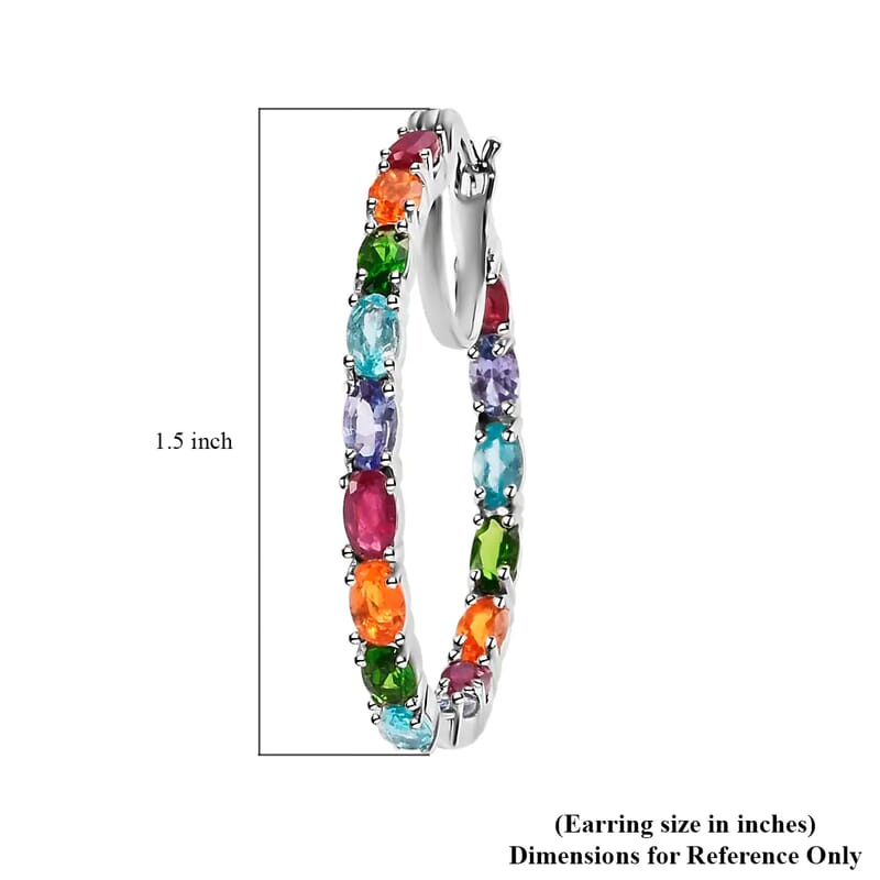 Multi Gemston 8.10 ctwe Earrings in Platinum Over Sterling Silver, Inside Out Hoops, Silver Earrings