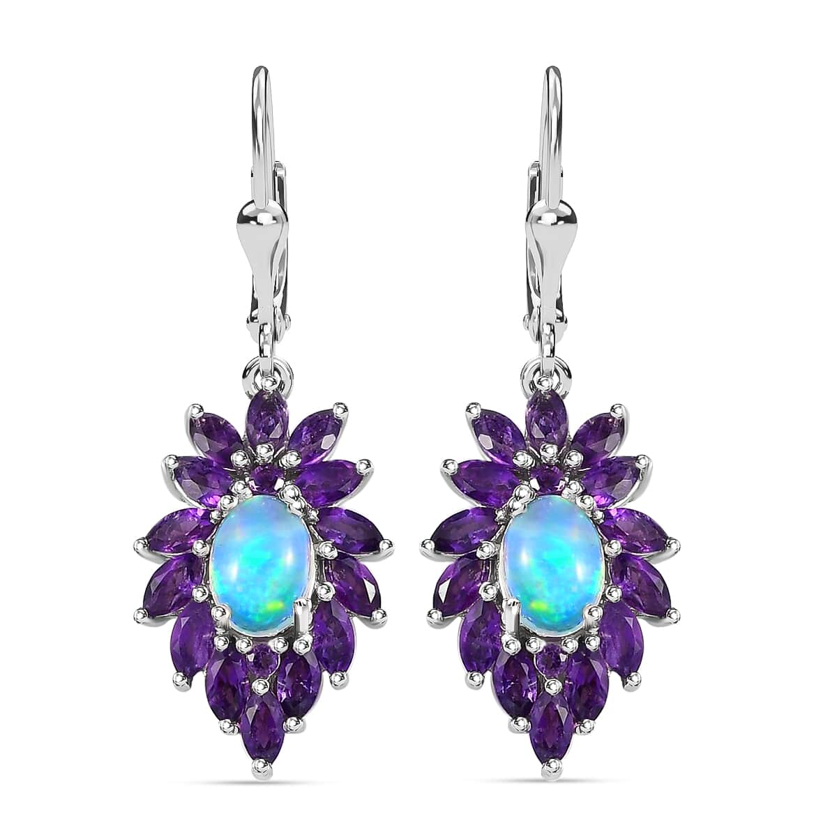 Premium Royal Ethiopian Welo Opal and Amethyst 3.75 ctw Lever Back Earrings in Platinum Over Sterling Silver image number 0