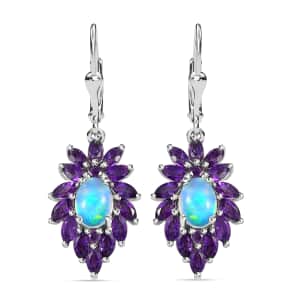 Premium Royal Ethiopian Welo Opal and Amethyst Lever Back Earrings in Platinum Over Sterling Silver 3.75 ctw