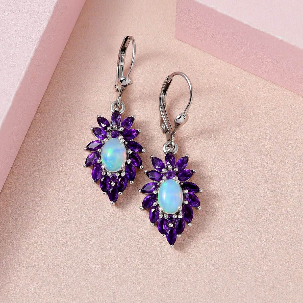 Premium Royal Ethiopian Welo Opal and Amethyst 3.75 ctw Lever Back Earrings in Platinum Over Sterling Silver image number 1