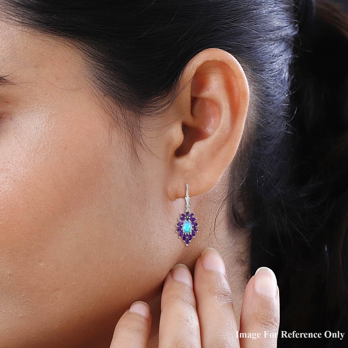 Premium Royal Ethiopian Welo Opal and Amethyst 3.75 ctw Lever Back Earrings in Platinum Over Sterling Silver image number 2