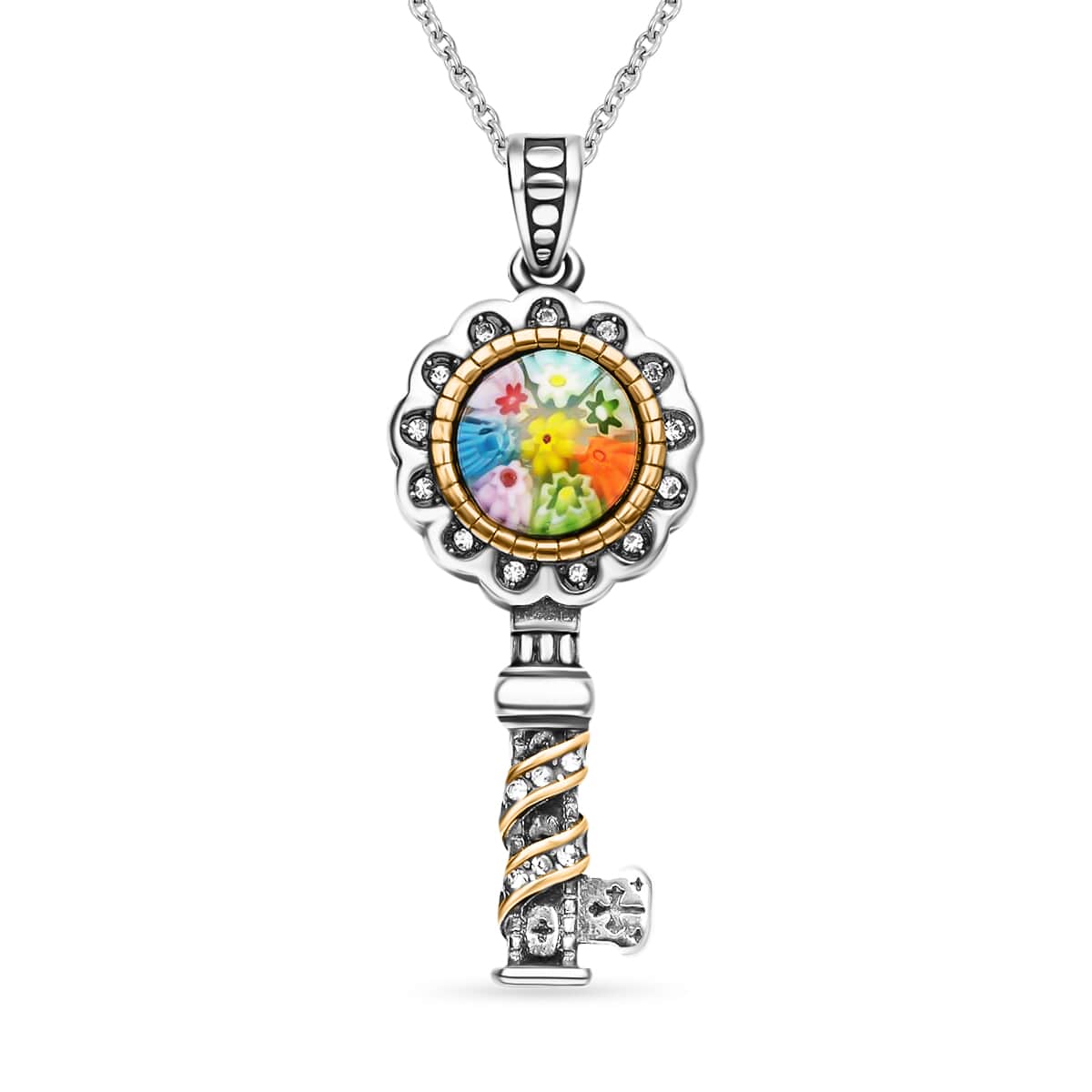 Multi Color Murano Style and White Austrian Crystal Key Pendant Necklace 20 Inches in ION Plated YG and Black Oxidized Stainless Steel image number 0