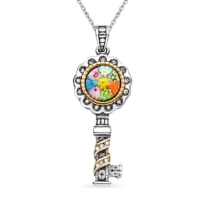 Multi Color Murano Style and White Austrian Crystal Key Pendant Necklace 20 Inches in ION Plated YG and Black Oxidized Stainless Steel, Floral Millefiori Pendant Necklace, Gift For Her