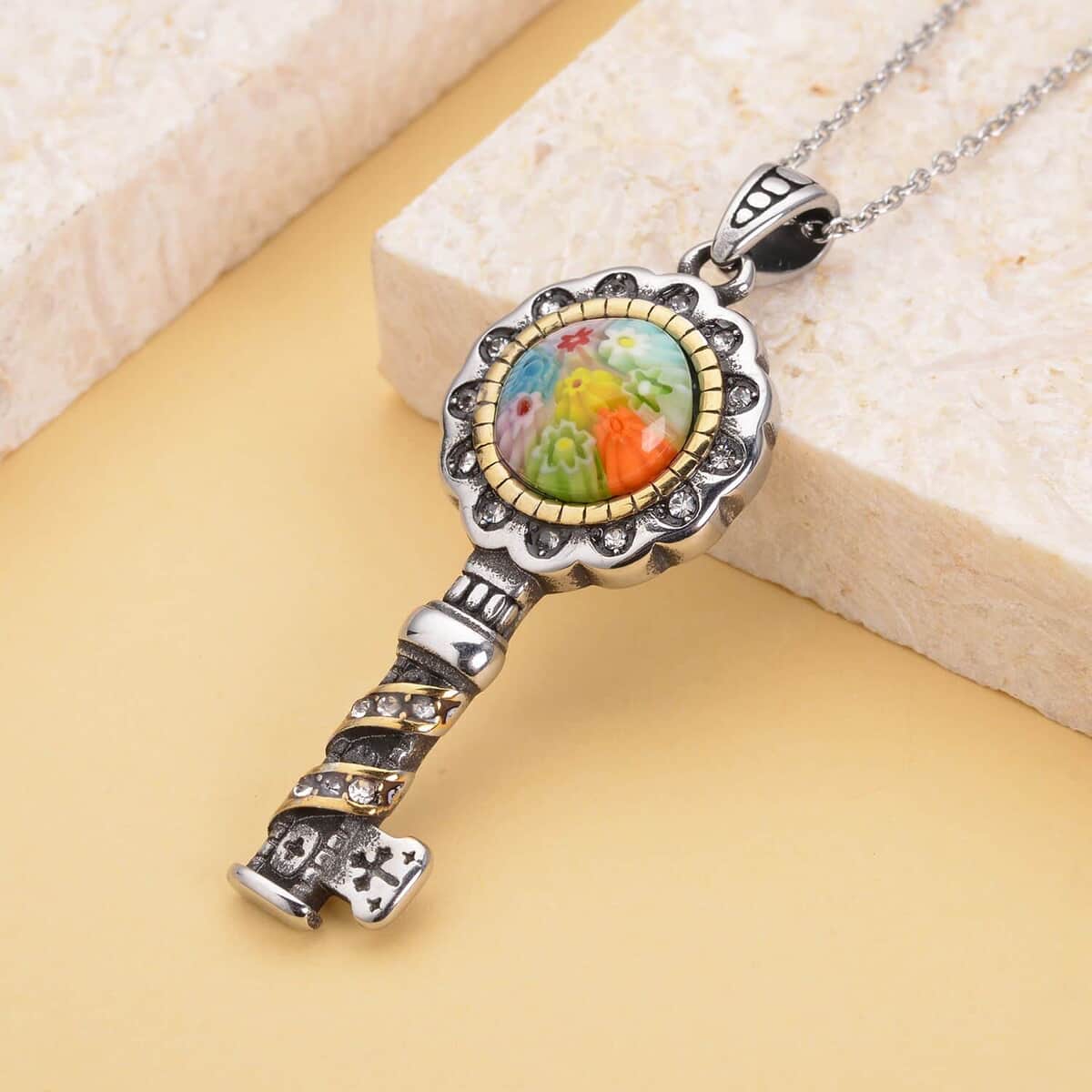 Multi Color Murano Style and White Austrian Crystal Key Pendant Necklace 20 Inches in ION Plated YG and Black Oxidized Stainless Steel image number 1