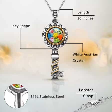 Multi Color Murano Style and White Austrian Crystal Key Pendant Necklace 20 Inches in ION Plated YG and Black Oxidized Stainless Steel image number 2
