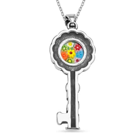 Multi Color Murano Style and White Austrian Crystal Key Pendant Necklace 20 Inches in ION Plated YG and Black Oxidized Stainless Steel image number 4
