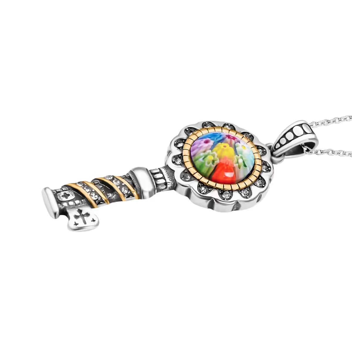 Multi Color Murano Style and White Austrian Crystal Key Pendant Necklace 20 Inches in ION Plated YG and Black Oxidized Stainless Steel, Floral Millefiori Pendant Necklace, Gift For Her image number 8