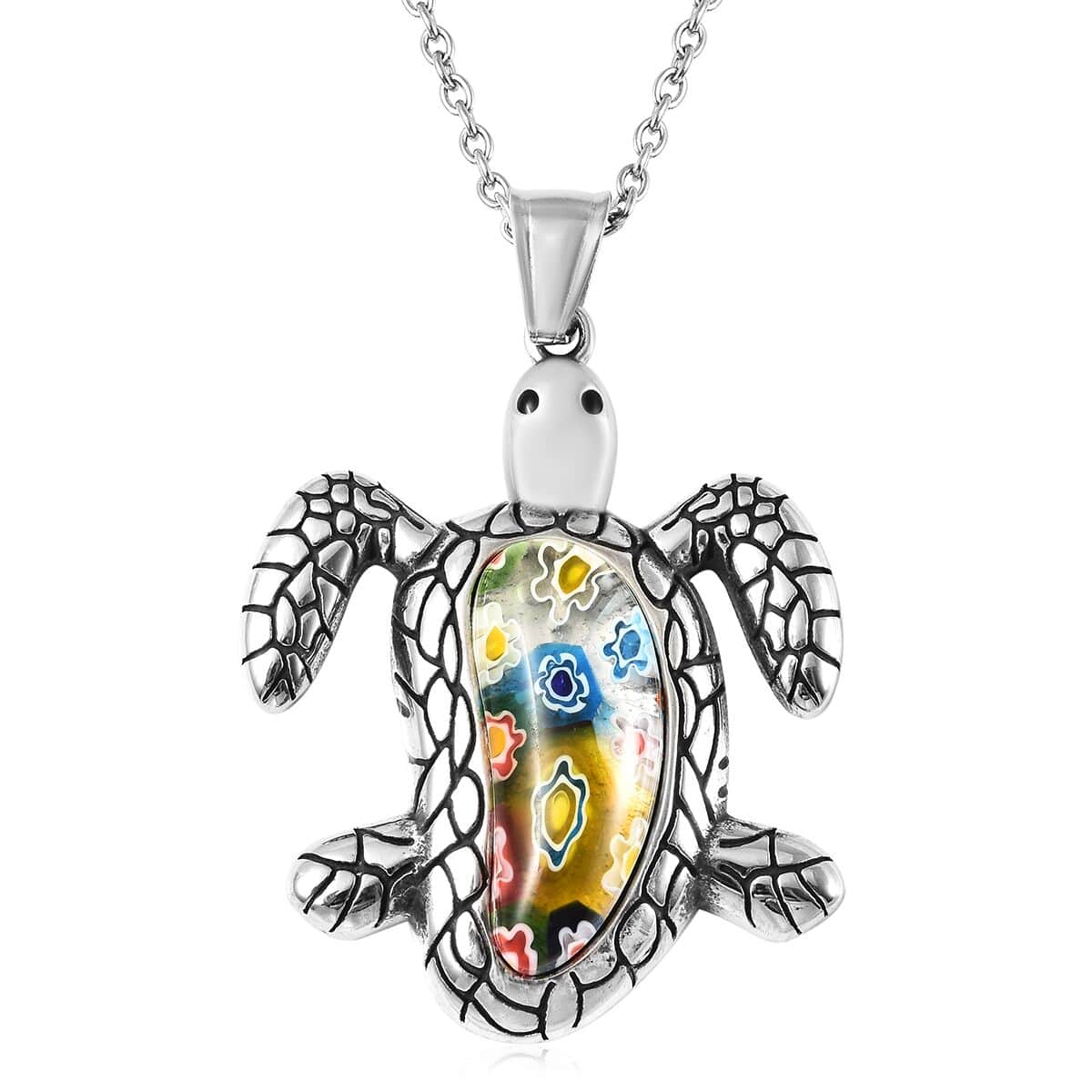 Multi Color Murano Style Turtle Pendant Necklace 20 Inches in Black Oxidized Stainless Steel image number 0
