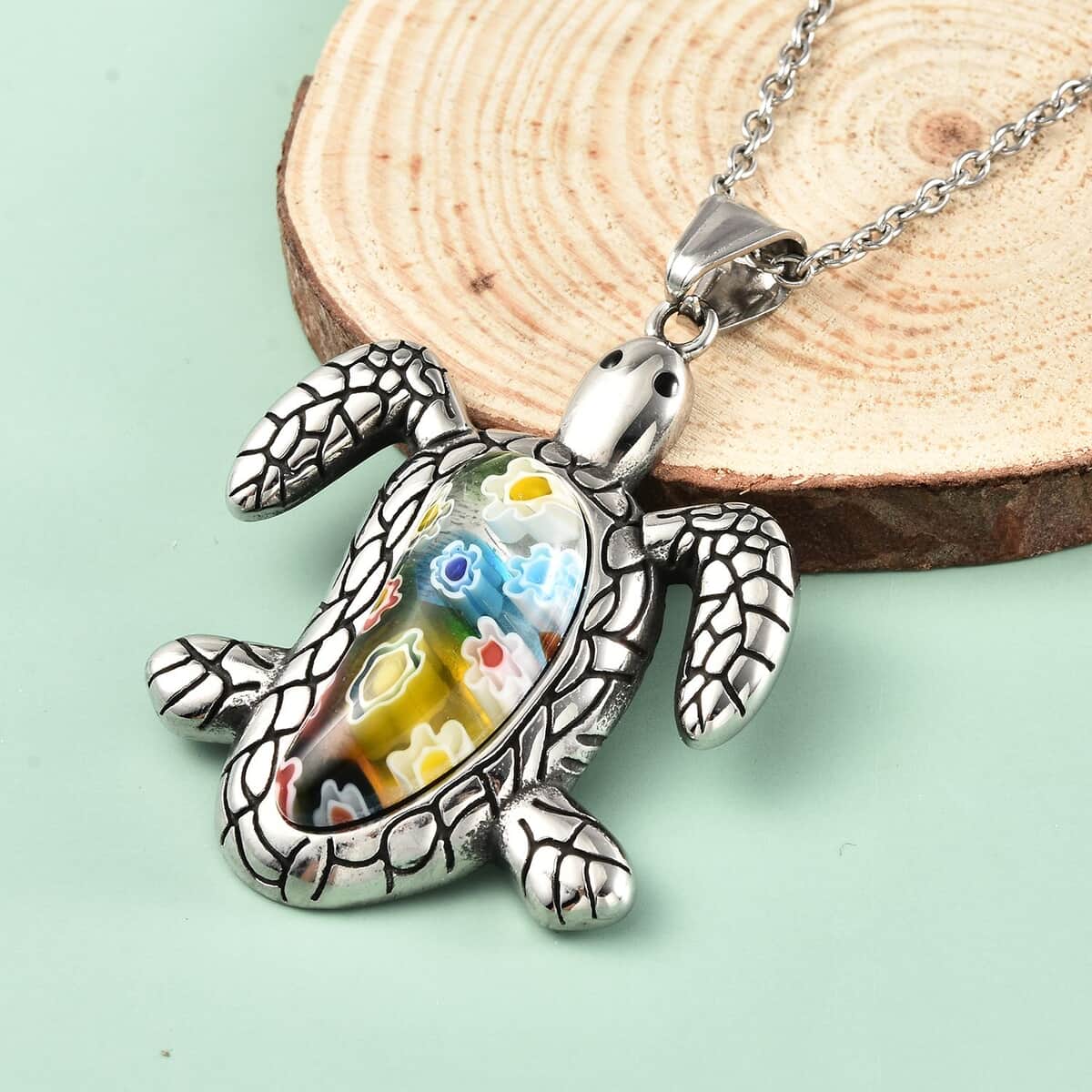 Multi Color Murano Style Turtle Pendant Necklace 20 Inches in Black Oxidized Stainless Steel image number 1
