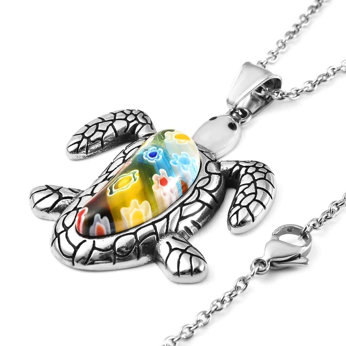 Multi Color Murano Style Turtle Pendant Necklace 20 Inches in Black Oxidized Stainless Steel image number 3